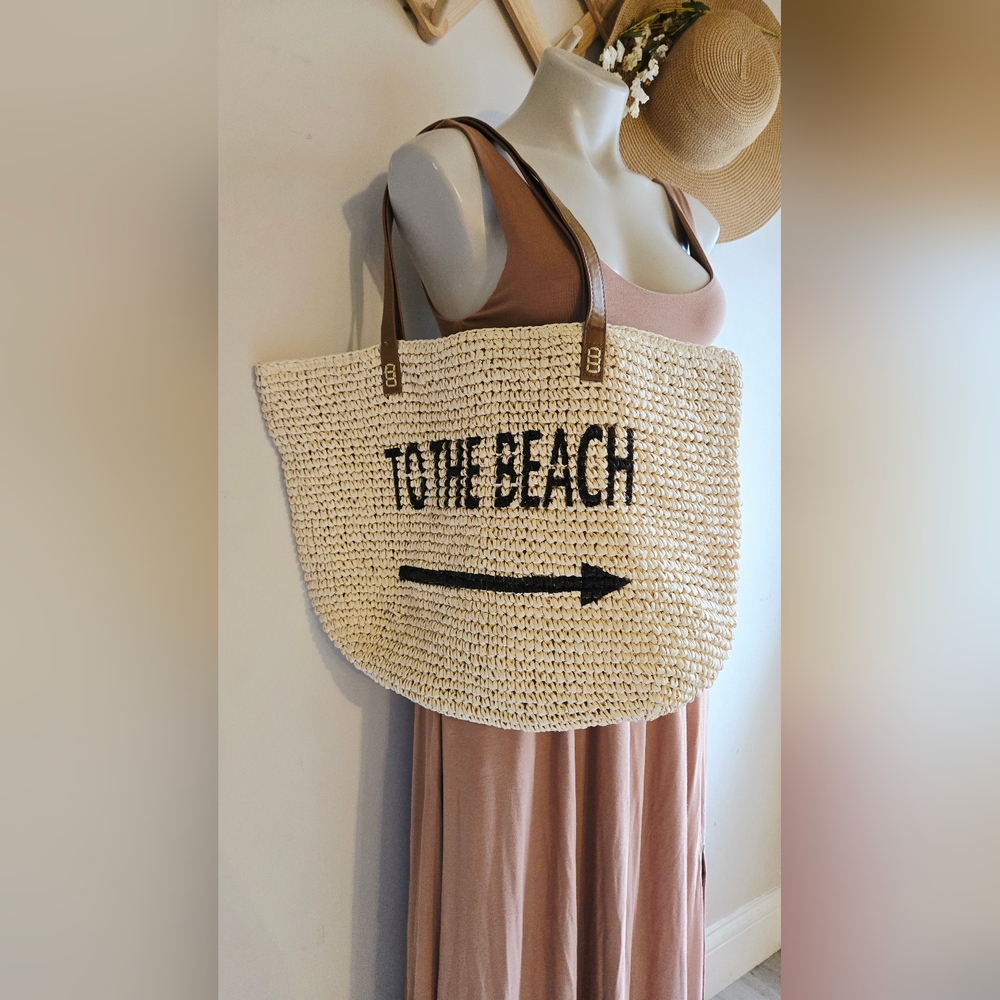 Style & Co. Natural Straw Tote with Black Lettering and Arrow